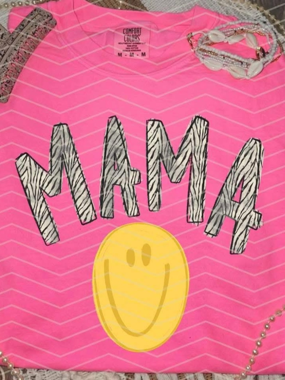 Comfort Colors NEON Pink "MAMA" Kids Pajama Top with Yellow Smiley Small-XL